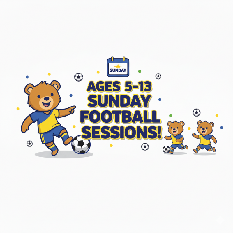 Cartoon bears playing football promoting First Touch FC Sunday sessions for children aged 5–13 in Hyde Park London